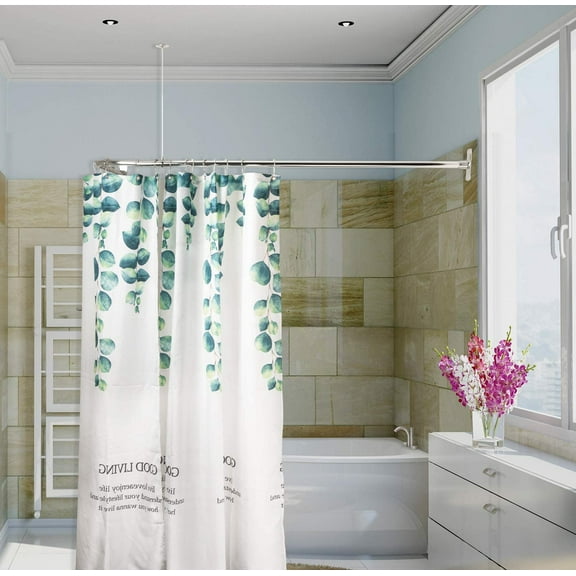 L-Shaped Shower Curtain Rod with Ceiling Support in Chrome Plated Finish, Adjustable up to 62 Inch L-Arm and 27 Inch W-Arm, Metal Construction