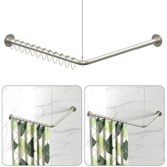 L Shaped Shower Curtain Rods, Adjustable (23''-69'' X 23''-69'') Corner Shower Rod with 12 Shower Curtain Rings, All 304 Stainless Steel, for Bathroom, Bathtub, Clothing Store, Need to Drill, Silver