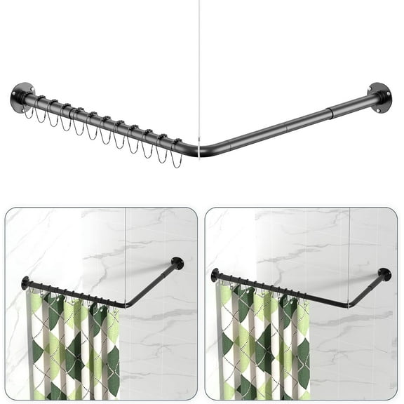 L Shaped Shower Curtain Rods, Adjustable (23''-69'' X 23''-69'') Corner Shower Rod with 12 Shower Curtain Rings for Bathroom, Bathtub, Clothing Store, Need to Drill, Black