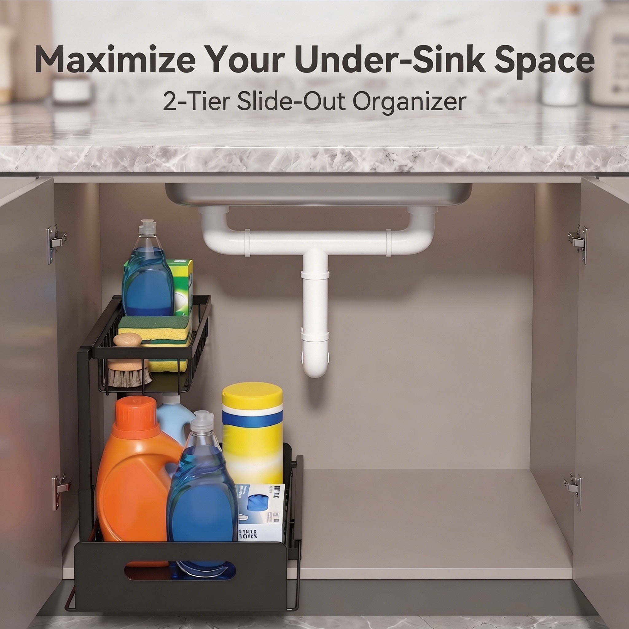 L-Shaped Under Sink Organizer, 2 Tier Pull Out Cabinet Organizer, Heavy Duty Metal Storage with Slide Out Drawer, Holds 50 Lbs, Rust-Proof Bathroom & Kitchen Sink Rack, Black