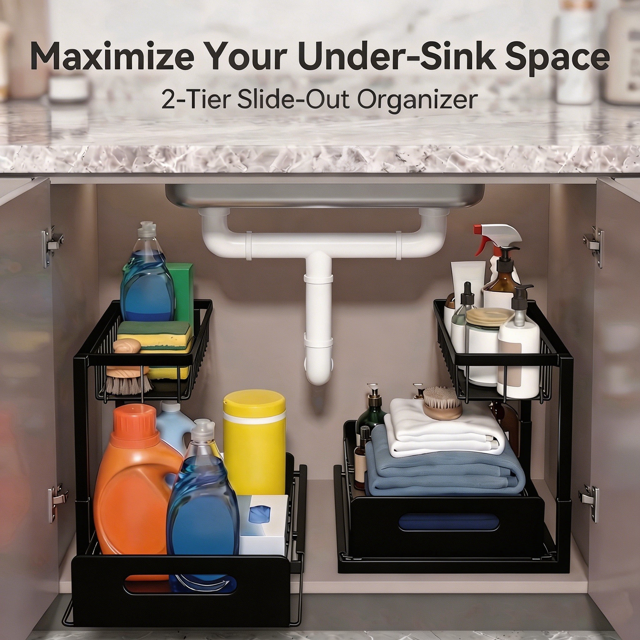 L-Shaped Under Sink Organizer, 2 Tier Pull Out Cabinet Organizer, Heavy Duty Metal Storage with Slide Out Drawer, Holds 50 Lbs, Rust-Proof Bathroom & Kitchen Sink Rack, Black 2PC
