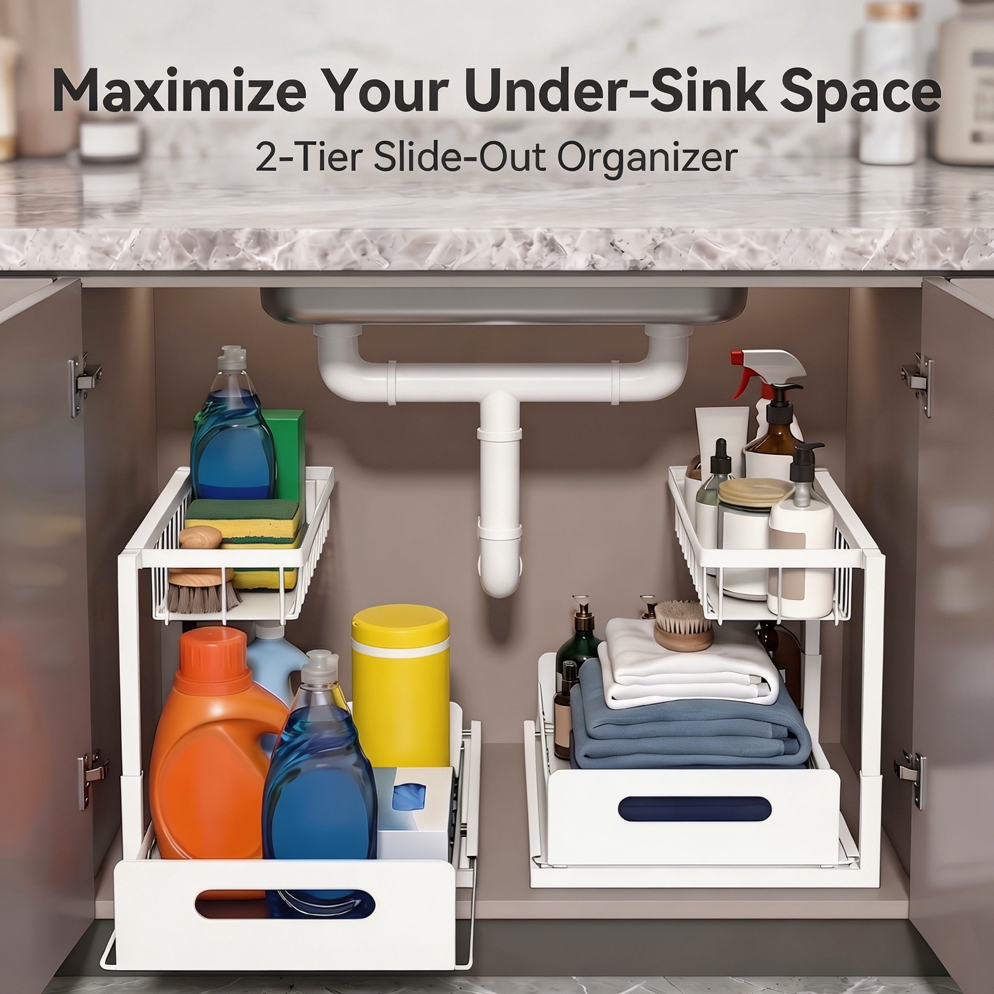 L-Shaped Under Sink Organizer, 2 Tier Pull Out Cabinet Organizer, Heavy Duty Metal Storage with Slide Out Drawer, Holds 50 Lbs, Rust-Proof Bathroom & Kitchen Sink Rack, White 2PC
