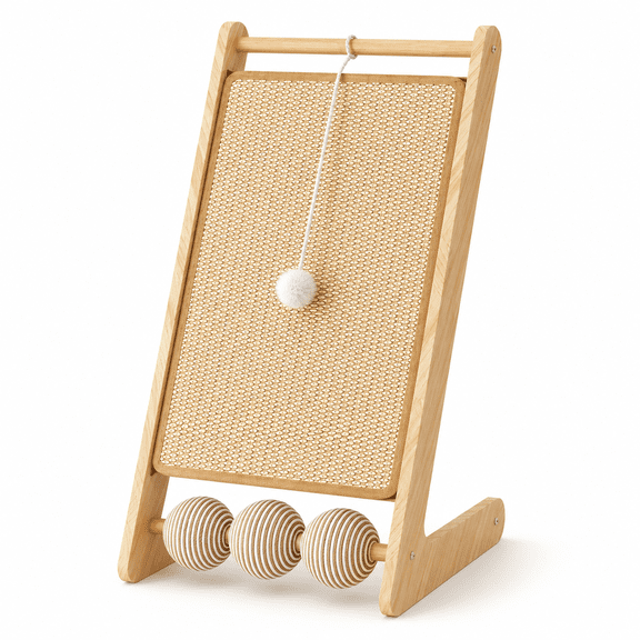 L-Shaped Sisal Cat Scratching Board with Hanging Ball, Wooden Cat Scratcher Lounge Bed for Indoor Cats, Durable Scratch Pad Furniture Protector, Interactive Cat Toy for Kittens & Adult Cats