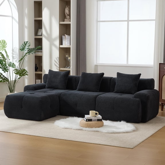 L-Shaped Sleeper Modular Sectional Sofa Bed Chaise, Boneless Convertible Block Cloud Tufted Floor Corner Couch Set with for Living Room No Assembly Required,Charcoal