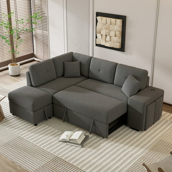 L-Shaped Sleeper Sectional Sofa with Pull Out Bed, Convertible Modular Couch w/Storage Ottoman, 2 Stools, Wireless Charger, USB Ports,Reversible Chenille 4-Seat Corner Sofa Chaise Lounge Sofacama,Gray