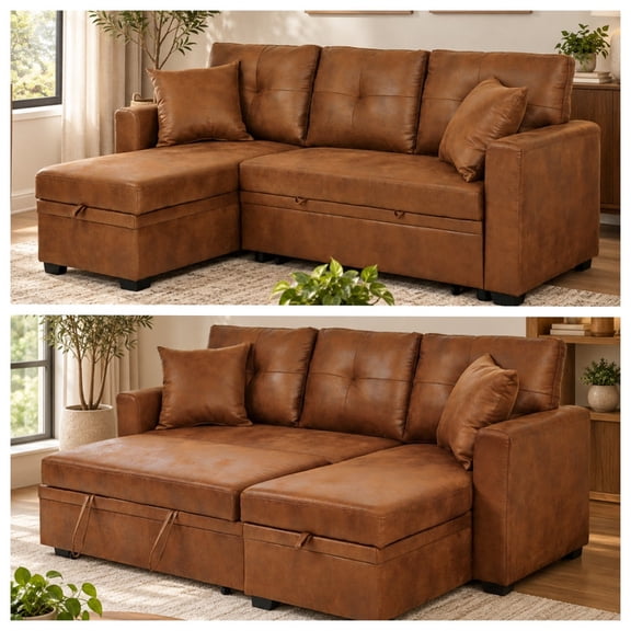 L-Shaped Sleeper Sectional Sofa with Pull-Out Bed, Reversible Storage Chaise, Convertible Fabric Sofa Bed Sleeper Sofa Bed for Living Room and Small Spaces