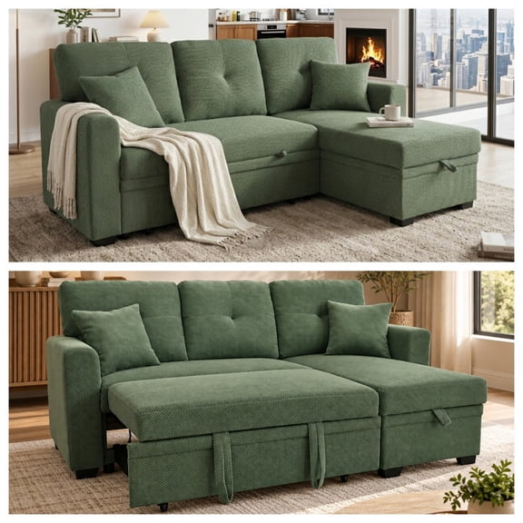L-Shaped Sleeper Sectional Sofa with Pull-Out Bed, Reversible Storage Chaise, Convertible Fabric Sofa Bed Sleeper Sofa Bed for Living Room and Small Spaces