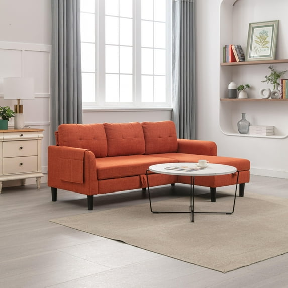 L-Shaped Sleeper Sectional Sofa with Pull-Out Couch Bed 72" Reversible Sectional Sofa with Storage Chaise Lounge and Pocket,Upholstered Corner Couch for Living Room Home Office,Orange