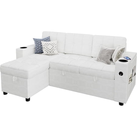 L-Shaped Sleeper Sofa with Storage & USB Ports, 84" Convertible Sofa Bed, Pull-Out Couch w/ Cup Holders & Charging Stations for Small Spaces