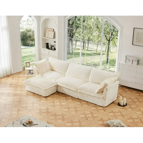 L-Shaped Slipcovered Sectional Sofa | Comfy Deep Seat & Convertible | Cream Corduroy