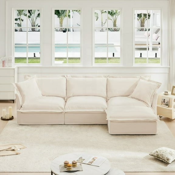 L-Shaped Slipcovered Sectional Sofa Couch, Natural Design & Removable Sofa Covers, Spacious Seating for Office, Cream