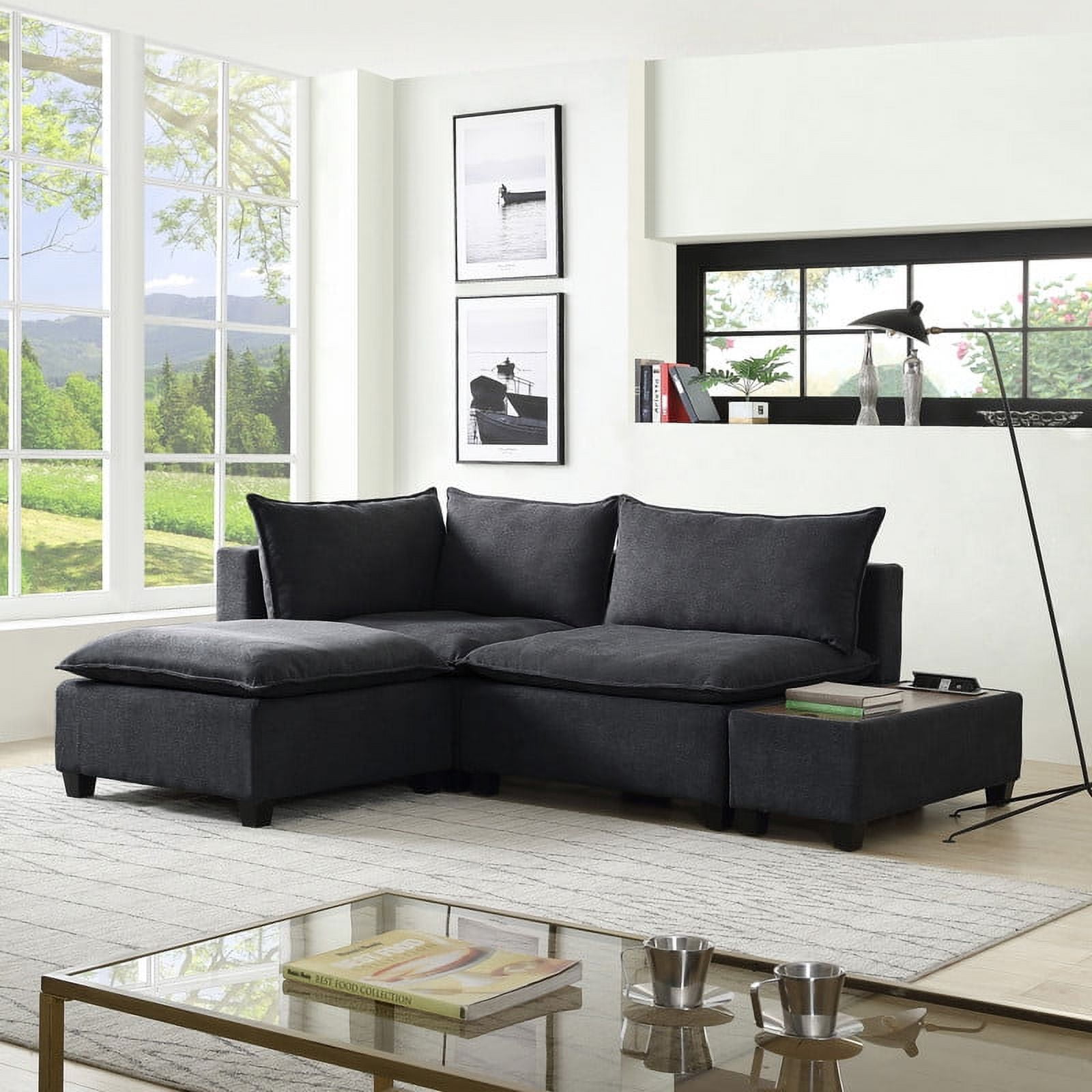 L Shaped Small Space Sectional Sofa with Solid Hardwood Frame Modern Sectional Loveseat Ottoman with USB Storage Console Table for Living Room