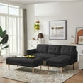 thumbnail image 1 of L Shaped Sofa with Bench, 80.71" Linen Sectional Couch with Futon Design and Wood Legs, Comfy Couch Sleeper Sofa for Living Room, Apartment, 800LBS Weight Capacity, Black, 1 of 8