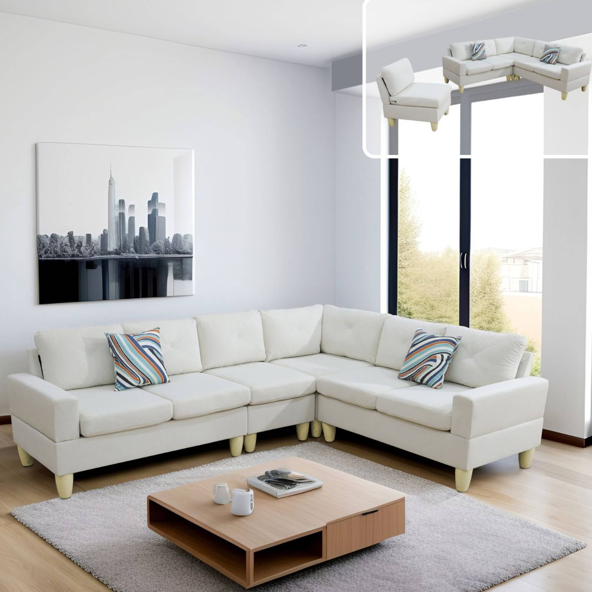L Shaped Sofa Couch U Shaped Sectional Corner Sofa 6-Seater Furniture Modular Couches for Living room, Beige