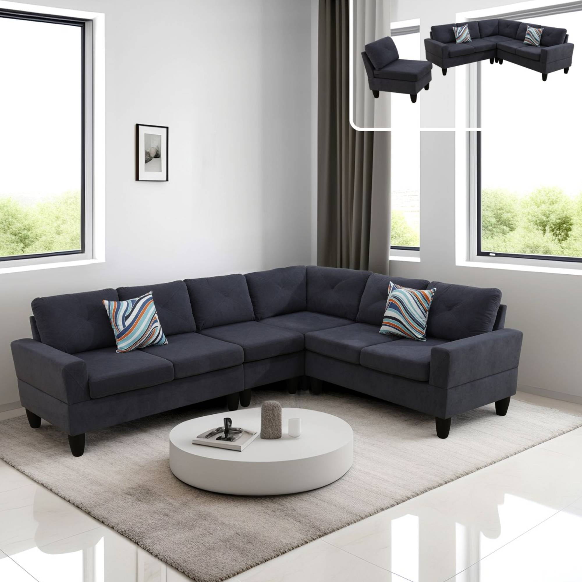 L Shaped Sofa Couch U Shaped Sectional Corner Sofa 6-Seater Furniture Modular Couches for Living room, Dark Grey
