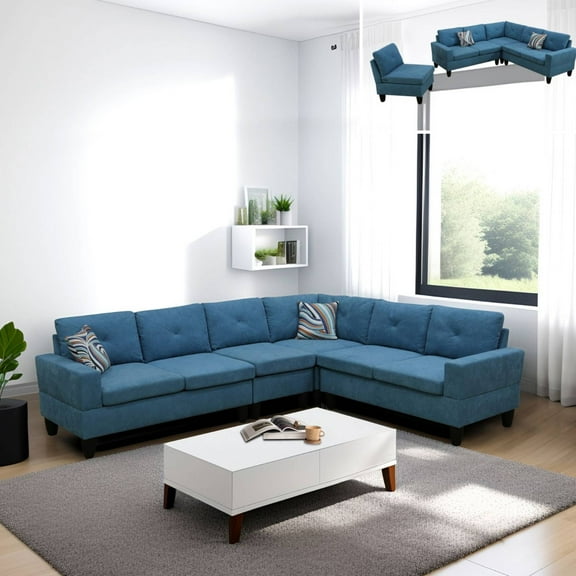 L Shaped Sofa Couch U Shaped Sectional Corner Sofa 6-Seater Furniture Modular Couches for Living room, Lake Blue