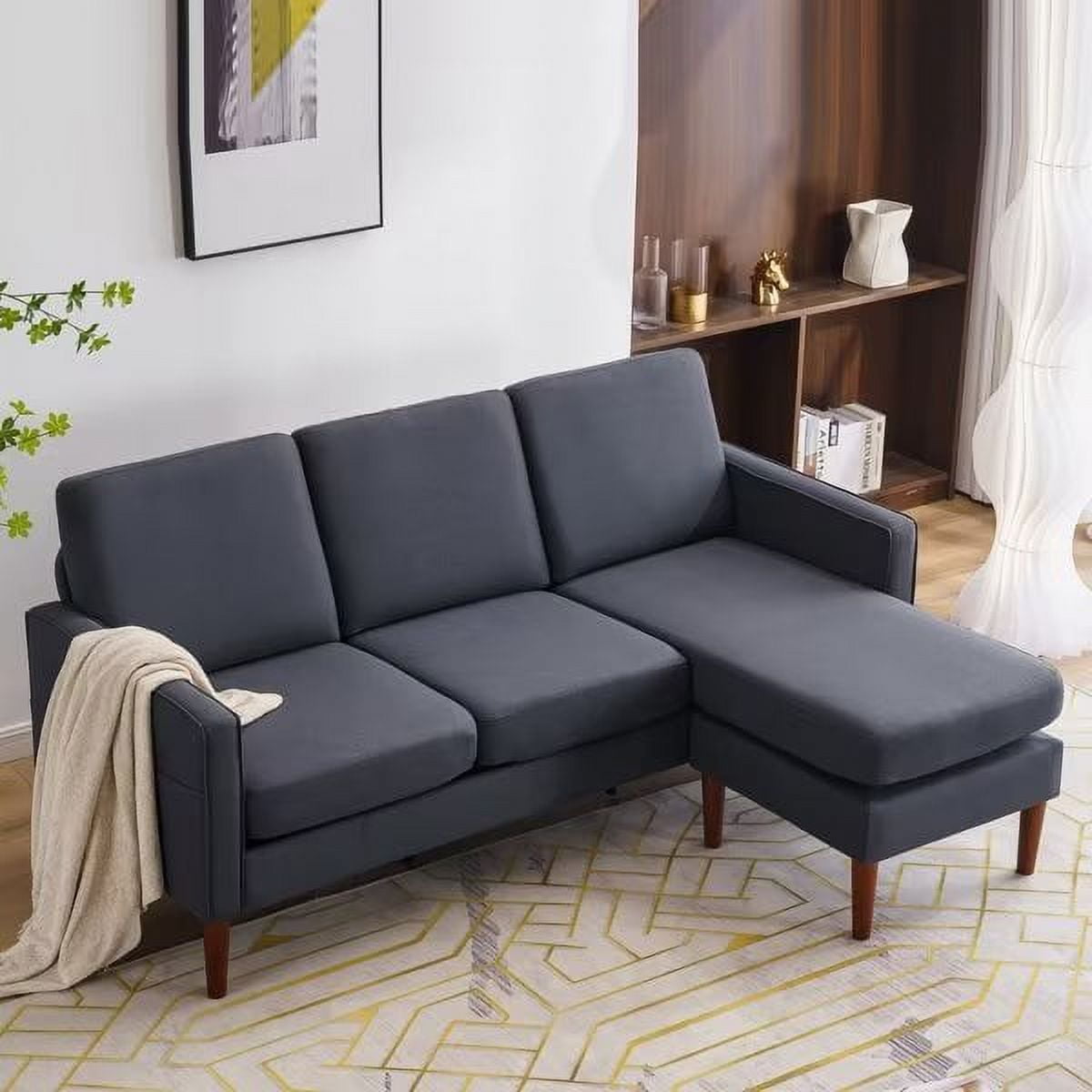 L Shaped Sofa Couch,Upholstered Fabric 3 Seater Accent Sofa with Movable Ottoman,Modern Living