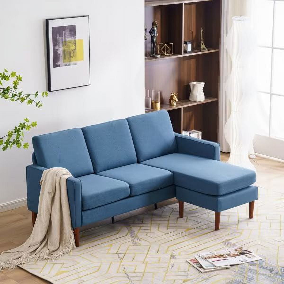 L Shaped Sofa Couch,Upholstered Fabric 3 Seater Accent Sofa with Movable Ottoman,Modern Living