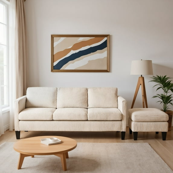 L-Shaped Sofa, Sectional Sofa, 3-Seater Sofa with Padded Corduroy and Modern Design, Multi-Functional Configuration, Easy Assembly, Off White Corduroy Fabric, for Living Room and Apartment