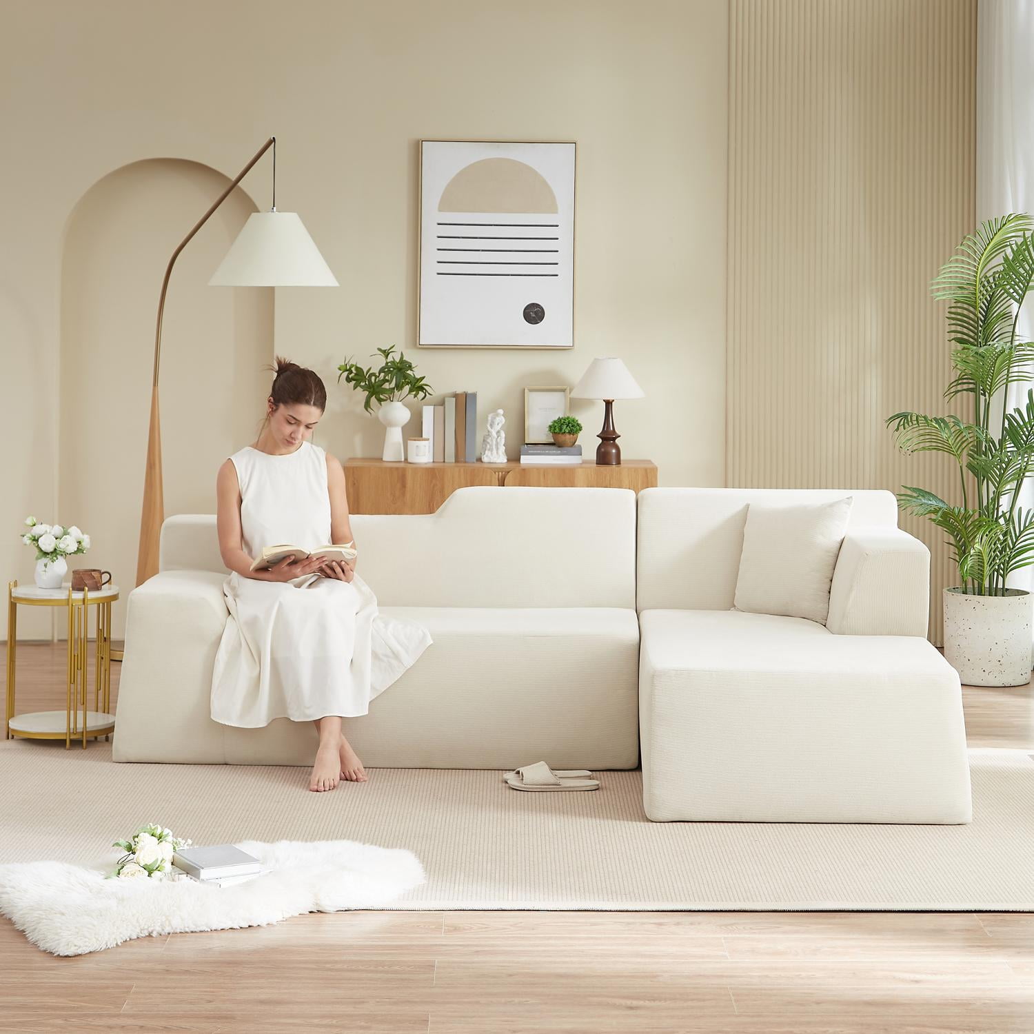 L-Shaped Sofa, Sectional Sofa, High Back Sofa&nbsp;Modern Corduroy Design with Thickened Backrest, Space-Saving Couch for Living Room, Beige, 96.46 Inch