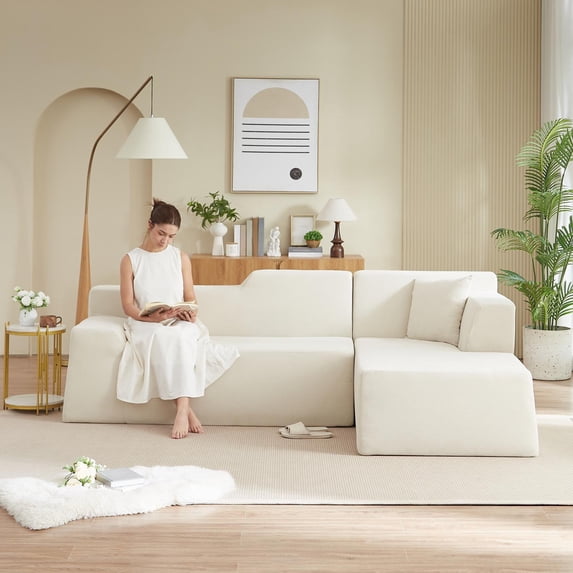 L-Shaped Sofa, Sectional Sofa, High Back Sofa Modern Corduroy Design with Thickened Backrest, Space-Saving Couch for Living Room, Beige, 96.46 Inch