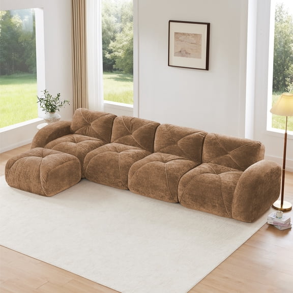 L-Shaped Soft Velvet Fabric, Tufted Design, 32D High Density Sponge Bottom, Ergonomic Design Bottom, Anti-Slip Design, Free Combination, No Assembly Required, Movable Ottoman for Living Rooms (Camel)