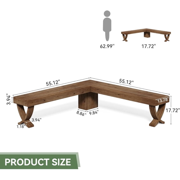 L Shaped Solid Wood Corner Bench, 55-Inch Farmhouse Table Bench with X-Shaped Leg, Backless Entryway Shoe Bench for Dining Room Hallway Rustic Brown