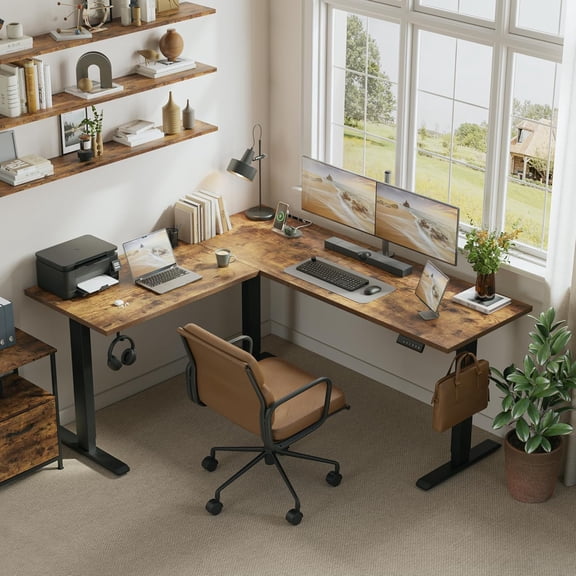 L Shaped Standing Desk 63 x 55 Inch Electric Height Adjustable Corner Desk for Home Office Workstation Ergonomic Sit Stand Computer Table with Memory Controller Rustic Brown