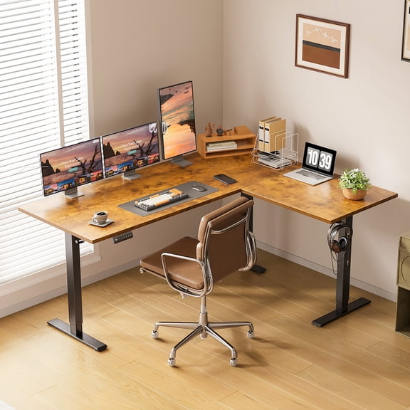 L Shaped Standing Desk 63 x 47 inch, Height Adjustable Electric Corner Standing Desk, Sit-Stand Computer Desk for Home Office, Vintage and Brown
