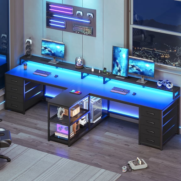 94.5" Two Person Desk with 8 Drawers and Storage Shelves, Long Computer Desk with LED Lights for Home Office