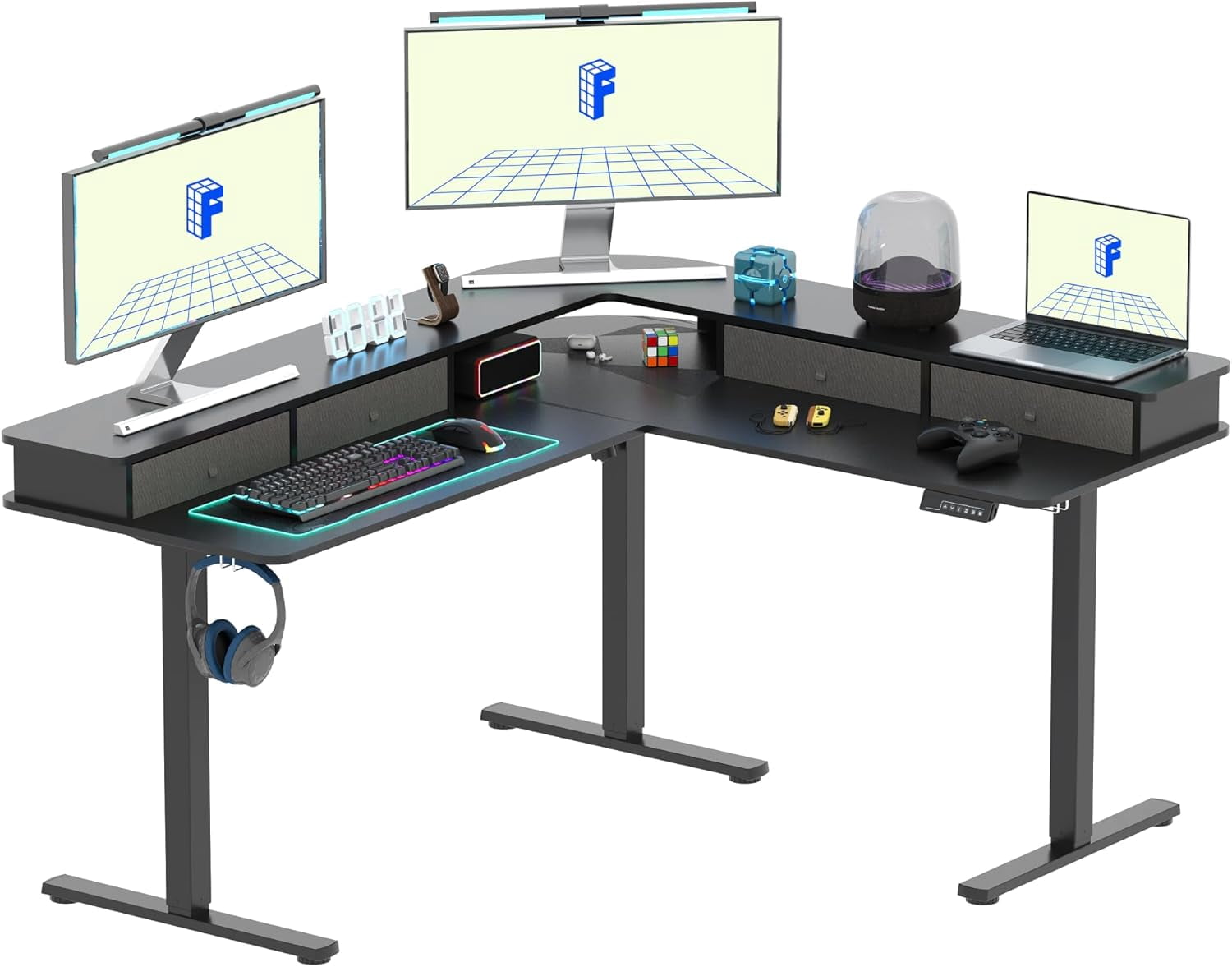 L Shaped Standing Desk Electric Corner Gaming Table with Shelf Drawers ...