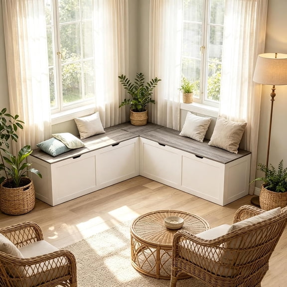 L Shaped Storage Bench 63", Corner Dining Bench with Hidden Flip-Top Storage, Breakfast Nook Bench with Soft-Close Hinges, Backless Kitchen Seating for Small Spaces, Entryway, Living Room Gray/White