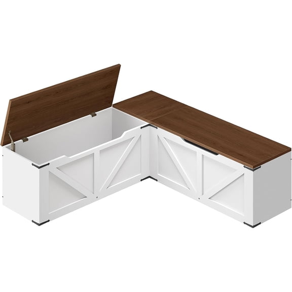 L-Shaped Storage Bench, Storage Toy Chest with Hidden Compartments, Breakfast Nook Bench for Corner Spaces, Kitchen, Dining Room, Cloakroom, Walnut and White CW01WH