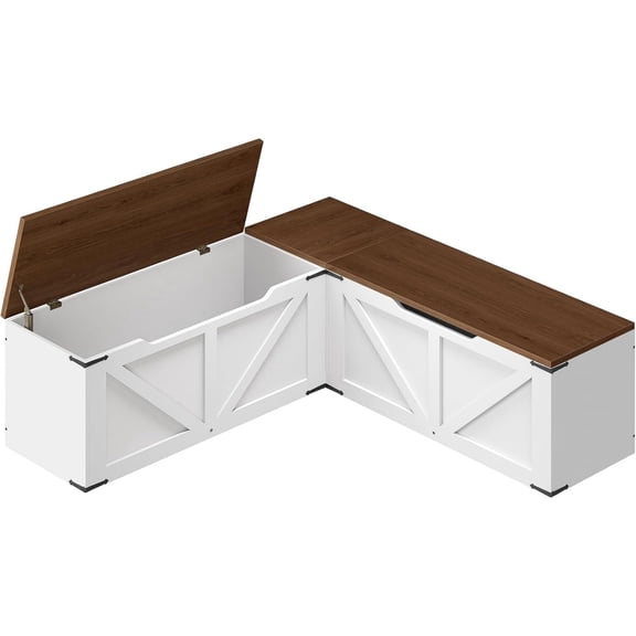 L-Shaped Storage Bench, Storage Toy Chest with Hidden Compartments, Breakfast Nook Bench for Corner Spaces, Kitchen, Dining Room, Cloakroom, Walnut and White CW01WH