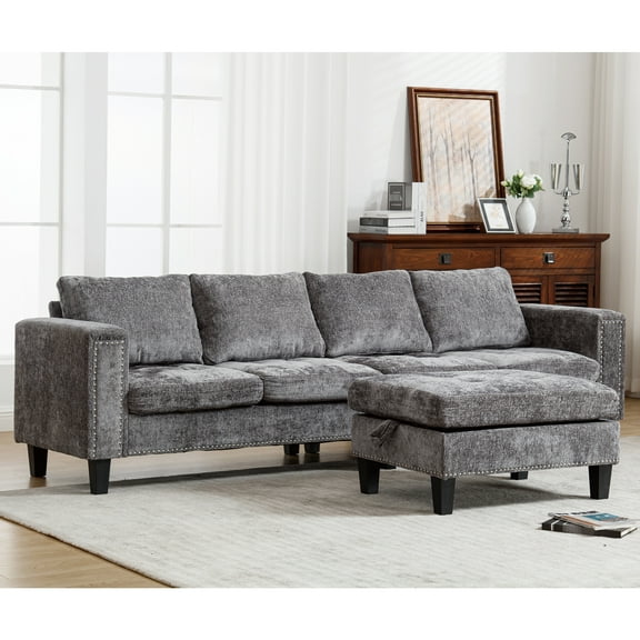 L Shaped Storage , Chenille, Gray, 5 Seating Convertible Sectional Couch With Storage, Gray Capacity