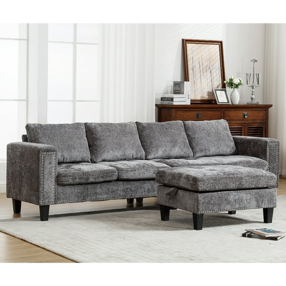 L Shaped Storage , Chenille, Gray, 5 Seating Convertible Sectional Couch With Storage, Gray Capacity