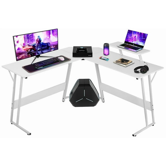 L Shaped Study Desk with Monitor Shelf, Versatile Corner Desk for Home Office Gaming and Multitasking, Large Tabletop, White