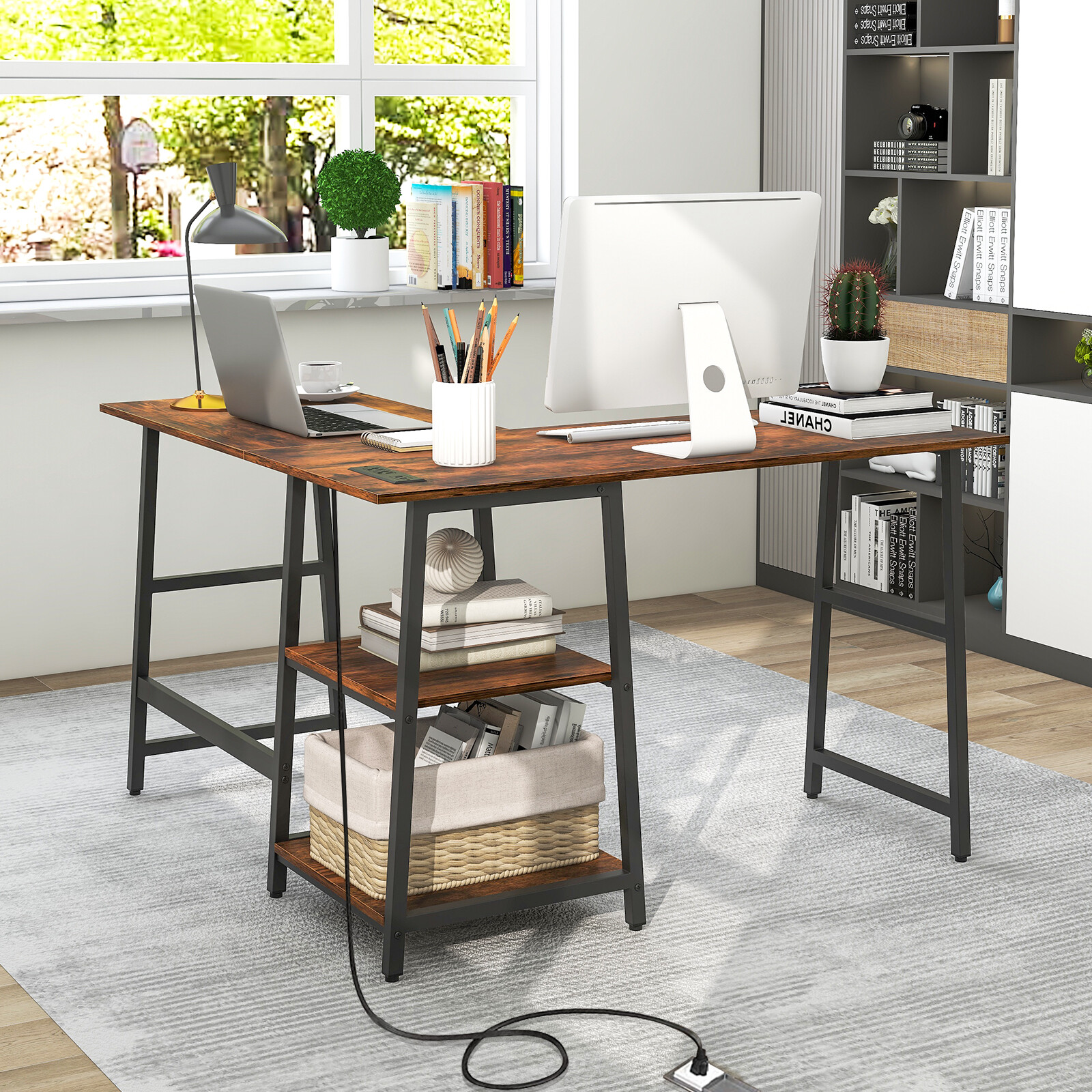 L Shaped Study Table Corner Computer Desk w/Storage Shelves Rustic ...