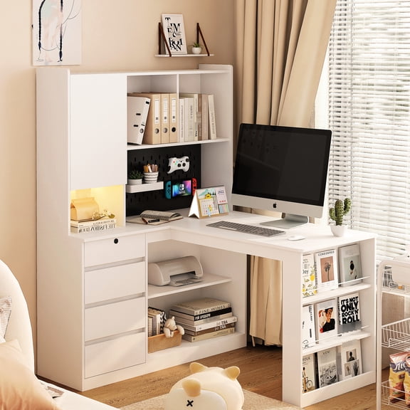 L Shaped Study Table With Charging And Cabinet - Modern Design, For Home Use Computer Desk Led Space Saving, Material Office