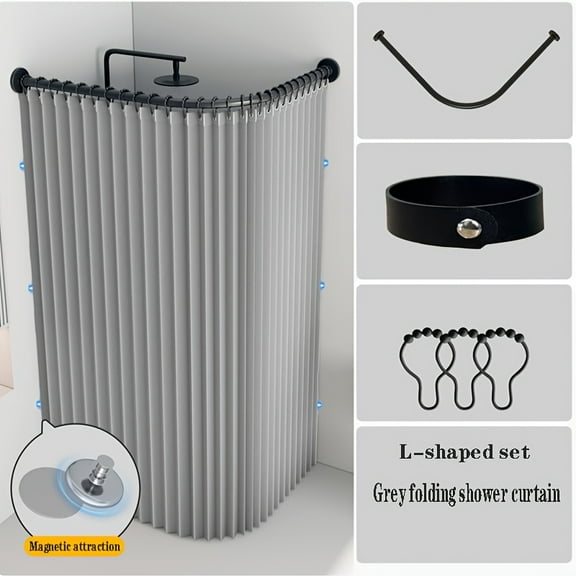 L-Shaped Telescopic Shower Rod, Foldable Curved Corner Curtain Rod Set with Double-Sided Suction for Space-Saving Bathroom, Hotel & Home Use