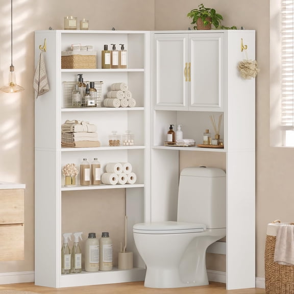 L-Shaped Over The Toilet Storage Cabinet, 2-in-1 Modular Separable Bathroom Organizer with Adjustable Shelves & Doors, Reversible Bathroom Cabinet, Freestanding Space Saver Bathroom Cabinet, White