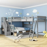 L-Shaped Triple Bunk Bed with 3 Drawers and Storage Staircase, Twin Over Full Wood Bunk Bed Attached Twin Loft Bed for Kids Teens Adults, No Box Spring Needed, Gray