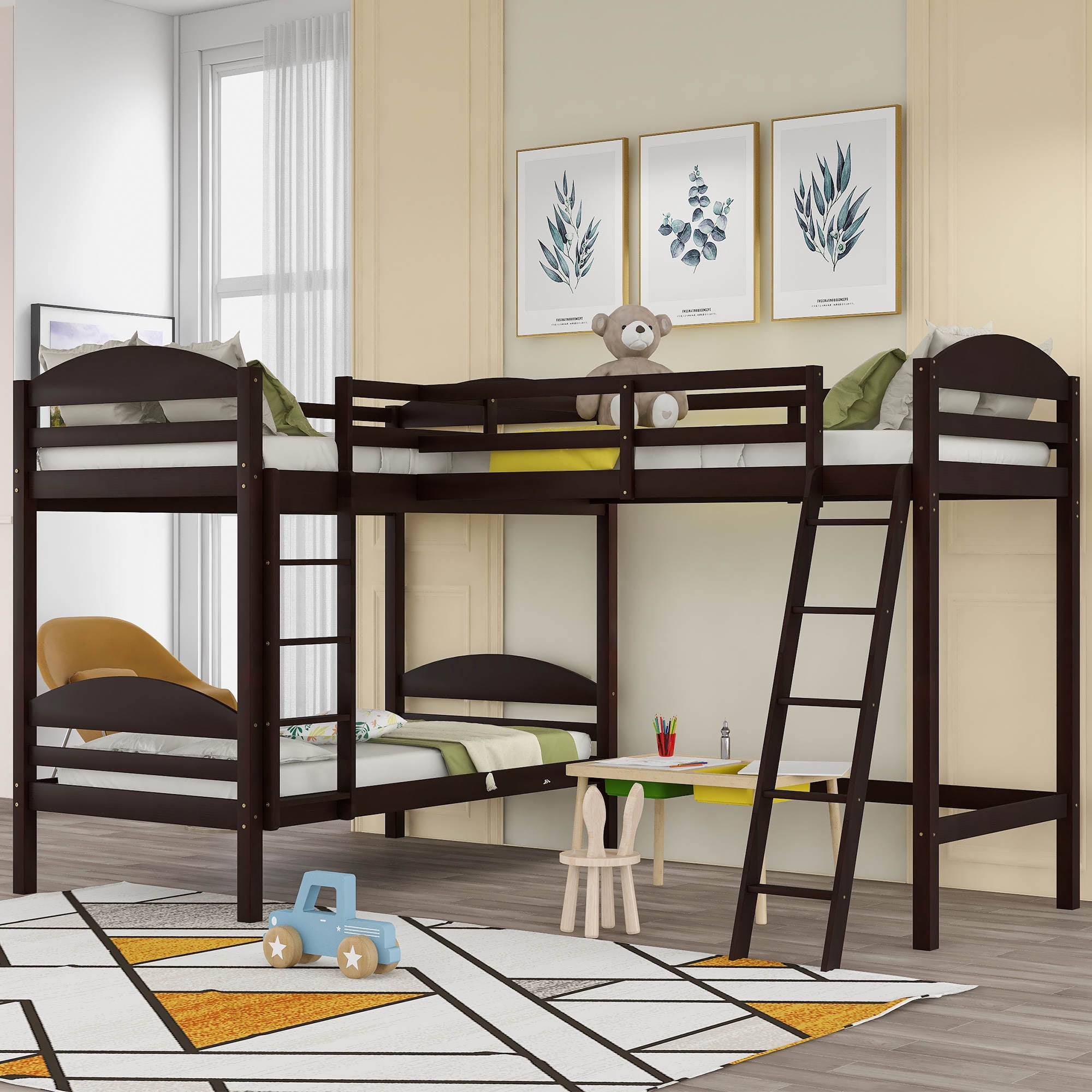 L Shaped Triple Bunk Bed for 3, Twin LShaped Bunk Bed and Loft Bed