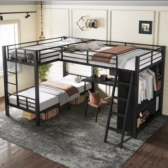 L-Shaped Triple Bunk Bed with Desk and Wardrobe, Twin XL over Twin XL with Attached Full Loft Bed, No Box Spring Needed, Black