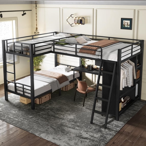 L-Shaped Triple Bunk Bed with Desk & Wardrobe, Twin XL/Twin XL with Attached Full Loft Bed, Heavy Duty Metal Frame for All Ages, Multi-Functional, Black