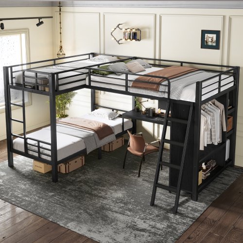 L-Shaped Triple Bunk Bed with Desk and Wardrobe, Twin XL over Twin XL Bunk Bed with Full Loft Bed, Heavy Duty Metal Frame Bunk Beds for Adults, Dorm Room, Guest Room, No Box Spring Needed, Black