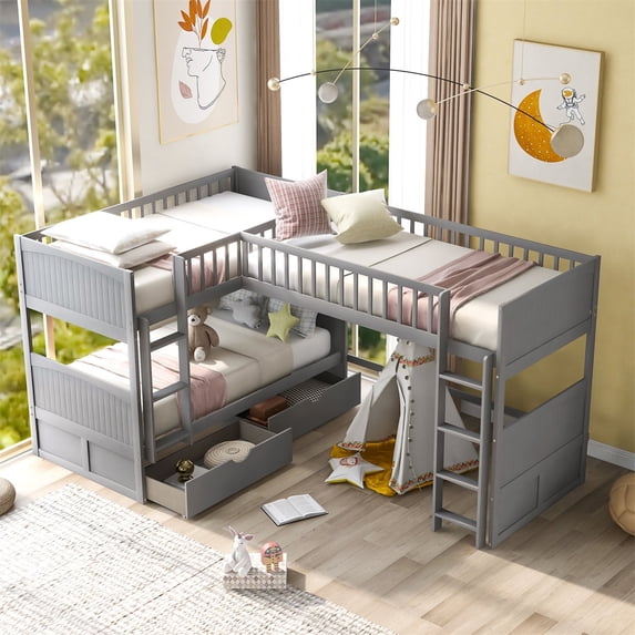 L-Shaped Triple Bunk Bed Twin Size Bunk Bed with a Loft Bed Attached, Built-in Ladders and Safety Guardrails, 3 Beds in 1 Bedroom Furniture, Gray