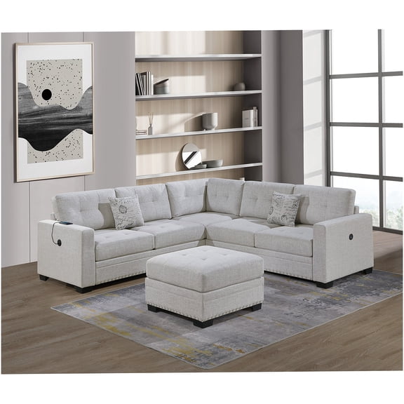 L-Shaped Tufted Sofa Set with USB Charging Loveseat and Ottoman in Neutral Beige