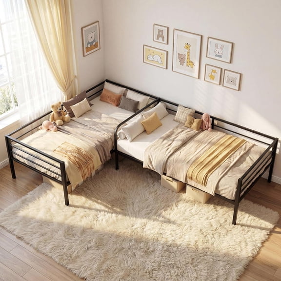 L Shaped Twin Beds for 2, Double Twin Bed with Rails, Black Corner Bed Frame with Under-Bed Storage, Sturdy Steel Slats, for Bedroom & Small Apartments
