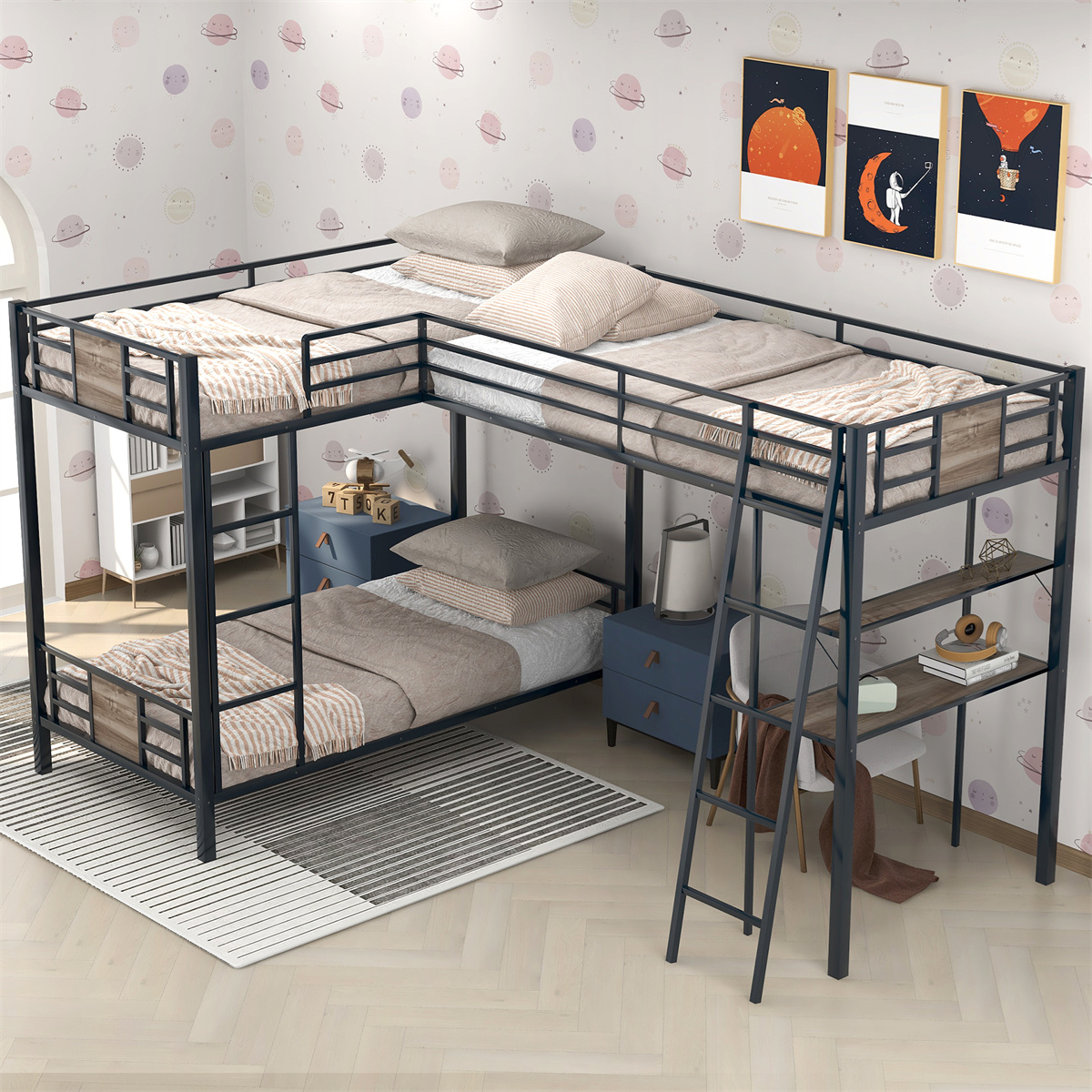 LShaped Twin over Twin Bunk Bed with Twin Size Loft Bed for Kids and